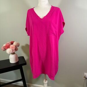 Jodifl Pink Raw Edge‎ V Neck Pocket Shift Dress Oversized Tunic Top M